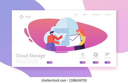 Cloud Storage Technology Landing Page Template. Data Center Hosting Website Layout with Flat People Characters. Easy to Edit and Customize Mobile Web Site. Vector illustration