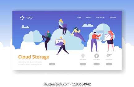 Cloud Storage Technology Landing Page Template. Data Center Hosting Website Layout with Flat People Characters. Easy to Edit and Customize Mobile Web Site. Vector illustration