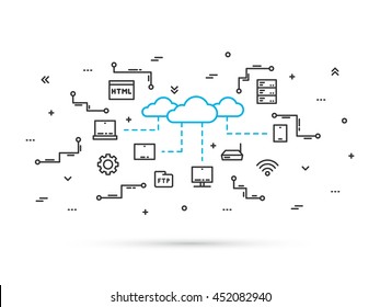 Cloud storage technology line vector illustration. Network communication between digital devices (desktop, router, phone, tablet, laptop) concept. Cloud data infrastructure line art design.