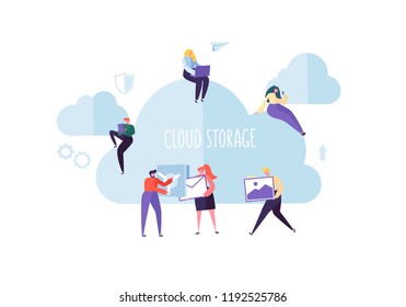 Cloud Storage Technology. Man and Woman Working Together Sharing Data Information Transfer Folders. Vector illustration