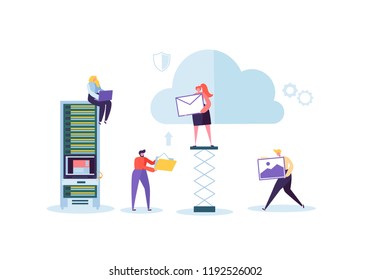 Cloud Storage Technology. Man and Woman Working Together Sharing Data Information Transfer Folders. Vector illustration