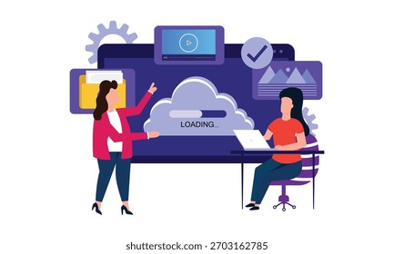 Tecnología de Cloud Storage. Hombre y mujer trabajando juntos compartiendo carpetas de transferencia de información de datos