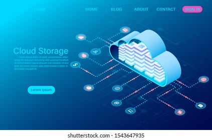 cloud storage technology and networking concept. Online computing technology. big data flow processing concept, vector illustration