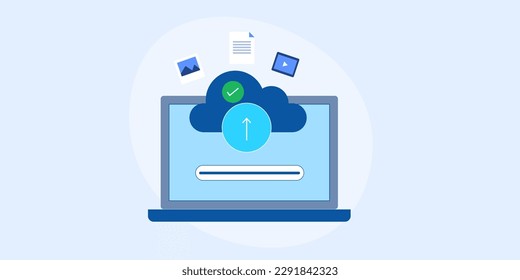 Cloud storage technology, Uploading files and documents to secure cloud server from laptop computer - vector illustration with icons