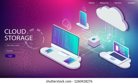 Cloud Storage Technology, Users Network Configuration. Isometric Advertisement Poster With Pc Monitor, Tablet, Phone, Laptop Vector Illustration. Website Template.