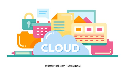 Cloud Storage Technology - vector modern flat design illustration with files, cloud, lock and other computer symbols