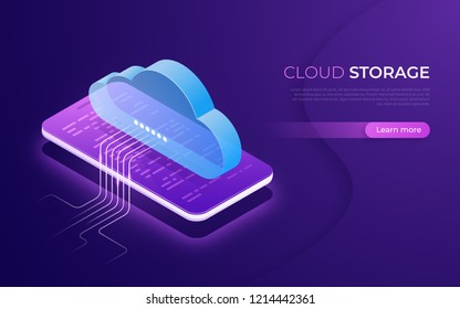 Cloud storage and technology, web hosting, data backup isometric concept. Vector illustration.