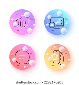 Cloud storage, Text message and Candlestick chart minimal line icons. 3d spheres or balls buttons. Covid app icons. For web, application, printing. Data service, Chat bubble, Report analysis. Vector