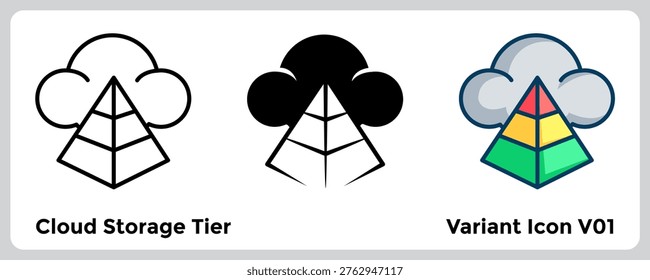 Cloud Storage Tier icon illustrates layered data storage systems for cost optimization and performance balance. Line, Filled, Color style.