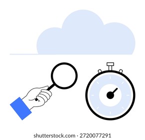 Almacenamiento en la nube, gestión del tiempo, investigación en línea, análisis de datos, herramientas digitales, eficiencia. Una nube con una mano sosteniendo una lupa y un cronómetro. Concepto de almacenamiento en la nube y gestión del tiempo