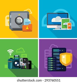 Cloud storage, transmission and security. ?omputer equipment, photo and video files. Internet security, database. Color vector flat illustration and icon set