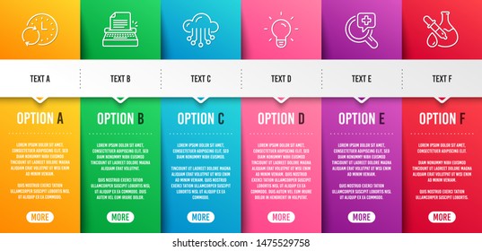 Cloud storage, Typewriter and Medical analyzes line icons set. Infographic timeline. Light bulb, Update time and Chemistry experiment signs. Data service, Writer machine, Medicine. Lamp energy. Vector