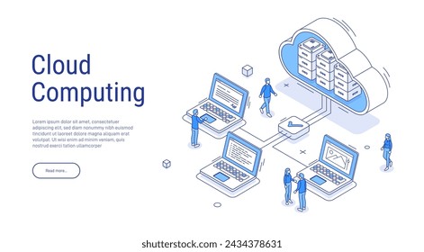 Cloud storage upload, download information. Data in database on cloud services. Digital service or app with data transfering. Online computing technology. 3d servers and datacenter connection network.