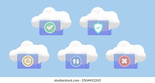 Cloud storage, upload, download, synchronize, complete, and error icons. Digital file with cloud technology and edge computing service and app with data transferring. 3D Web Vector Illustrations