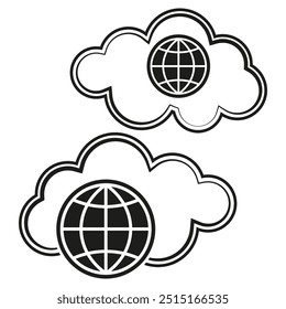 Cloud storage vector. Globe icon inside cloud. Internet cloud symbol. Black and white illustration.