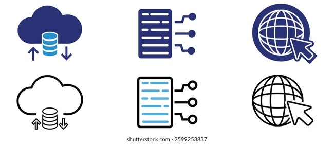Cloud storage vector icon, Digital data vector icon, Internet vector icon, information technology vector icon set.