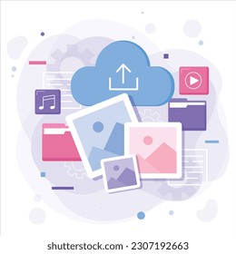 Vector de almacenamiento en la nube, icono de almacenamiento en la nube, fotos, archivos de música, almacenamiento de imágenes vectoriales, descarga y carga, almacenamiento de datos