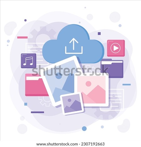 Cloud storage vector, cloud storage icon, photos videos music folders storage, storage vector art and illustration, download and upload, save data