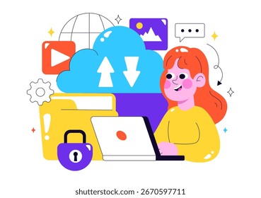 Cloud Storage Vector Illustration featuring Computing with Global Connection Network, File Transfer, and Data Center in a Flat Style Background