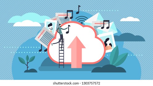 Cloud storage vector illustration. Flat tiny persons uploading files concept. Virtual HDD space for multimedia, documents and music. Global server database hosting and modern sharing service business.