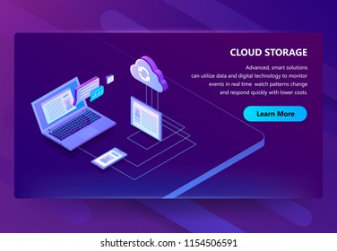 Cloud storage vector illustration of internet data sharing technology. Isometric user multimedia synchronization in computer or digital tablet and smartphone devices on purple ultra violet background