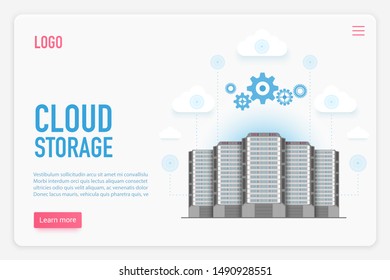 Cloud storage vector landing page template. Cloud management, computing, database and information storage website homepage concept. Computer server. Big data technology web banner layout