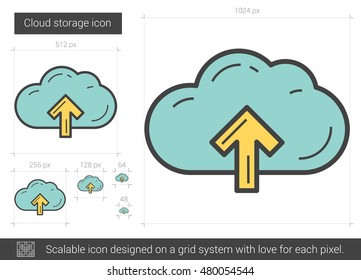 Cloud storage vector line icon isolated on white background. Cloud storage line icon for infographic, website or app. Scalable icon designed on a grid system.