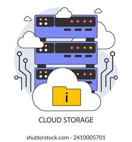 Cloud storage. Virtual data servers and secure cloud technology. Efficient data management with scalable online storage solutions. Flat vector illustration.