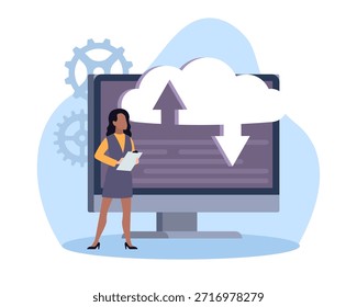 Almacenamiento en la nube. Espacio virtual, el usuario femenino interactúa con el archivo virtual y el almacenamiento de datos, el Cargar y la información de la Descarga, la transferencia y la sincronización del concepto de Vector de ilustración aislado plano de dibujos animados