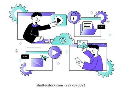 Cloud storage waist-height concept with people scene in the flat cartoon design. Two boys check all information, videos and images in the cloud storage. Vector illustration.