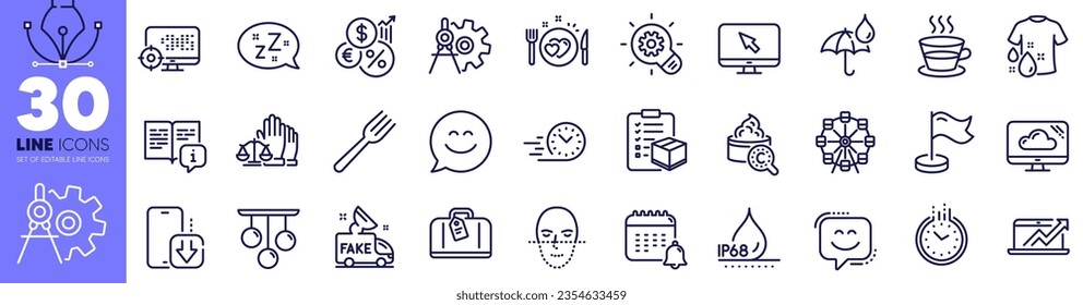 Cloud storage, Waterproof umbrella and Calendar line icons pack. Ferris wheel, Sleep, Ceiling lamp web icon. Milestone, Fast delivery, Manual pictogram. Fork, Sales diagram, Collagen skin. Vector