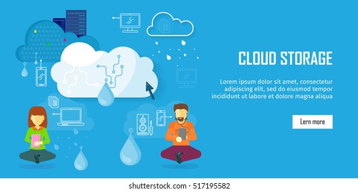 Cloud storage web banner in flat style. Information sharing and saving. Servers, users, drops, computer networks,media icons. Illustration for video presentation or corporate ad animation clip