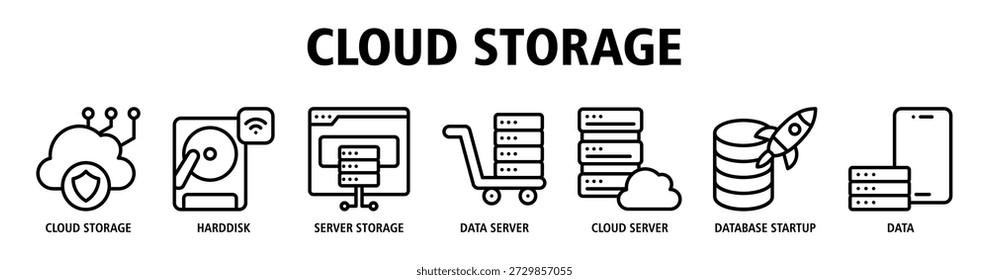 Ilustração vetorial do ícone da bandeira da Web do Cloud Storage com ícones do armazenamento em nuvem, disco rígido, armazenamento do servidor, servidor de dados, servidor em nuvem, inicialização do banco de dados e gerenciamento de dados digitais.