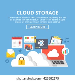 Cloud storage web banner. Cloud technology, data storage, cloud computing icons set, modern concepts. Creative flat design vector illustration