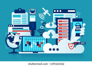 Cloud storage, web hosting server, secure data database protection on a remote server modern information technology. Data center concept isolated on blue background. Eps minimalist Vector illustration
