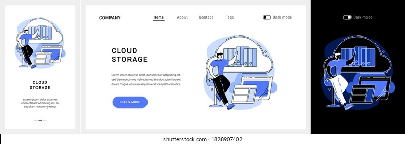 Cloud storage website UI kit. Digital hosted storage, database security, data infrastructure service, cloud computing, information hosting technology landing and mobile app vector UI template.