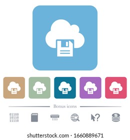 Cloud storage white flat icons on color rounded square backgrounds. 6 bonus icons included