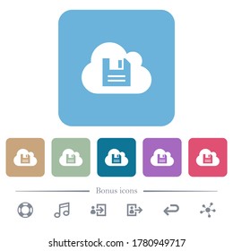 Cloud storage white flat icons on color rounded square backgrounds. 6 bonus icons included
