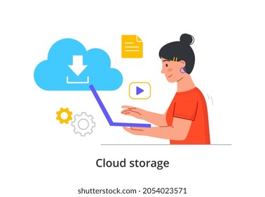 Cloud storage. Woman sits at laptop and receives information from shared data warehouse. Digital service for transmitting information. Cartoon flat vector illustration isolated on white background
