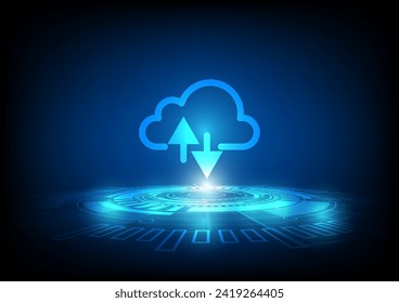 Cloud storage. From the cloud in the world map. A digital service or application that transfers data to a server or hosting service. Data transfer protection and data center connection network.