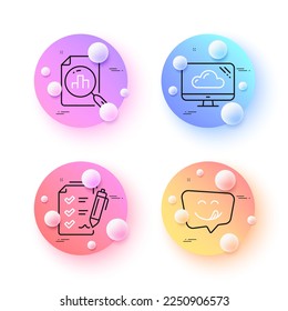 Cloud-Speicher, Yummy-Lächeln und Analytics zeichnen minimale Linien-Symbole. Schaltflächen für 3D-Kugeln oder Bälle. Checklisten-Symbole anzeigen. Für Web, Anwendung, Druck. Computer, Emoticon, Chart-Bericht. Bericht. Vektorgrafik