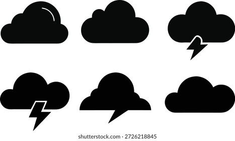 Conjunto de iconos de nube y tormenta: Símbolos de Clima de silueta negra minimalista con pernos de relámpago para Web y diseño App