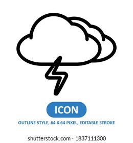 icono del vector de estilo de línea de tormenta en la nube sobre fondo blanco. ilustración del vector meteorológico. Stroke editable. 64 x 64 píxeles. Diseño sencillo y moderno.