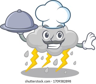 Cloud stormy chef cartoon character serving food on tray
