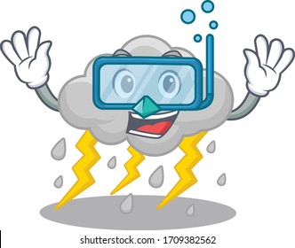 Cloud stormy mascot design concept wearing diving glasses