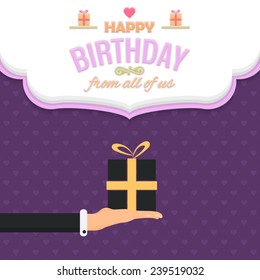 Cloud Style Happy Birthday Vector Design. Announcement and Celebration Message Poster, Flyer and Hand hold Gift Box 