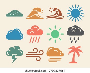 Cloud summer icons set created with multiple vibrant color variants offering flexible design options suitable for various digital branding applications