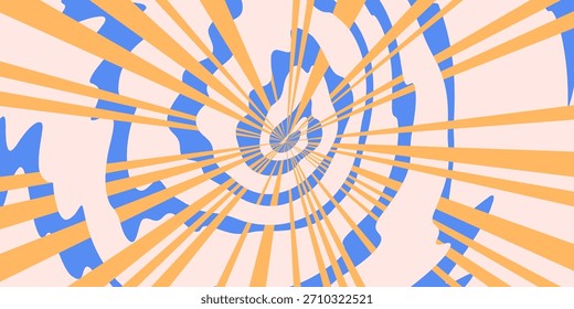 Cloud and sun background with spiral anime style rays in pink, blue, and yellow. Spiral cloud pattern with dynamic radial motion. Vector illustration.