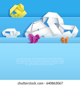 Cloud, sun and birds made of crumpled white strip on the blue background. Objects protruded between paper. Origami paper white cloud, sun and birds. Vector illustration.