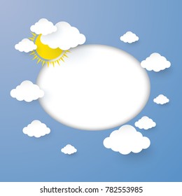 Cloud and Sun in the Blue sky with Blank Circle for you design paper art stlye. vector illustration